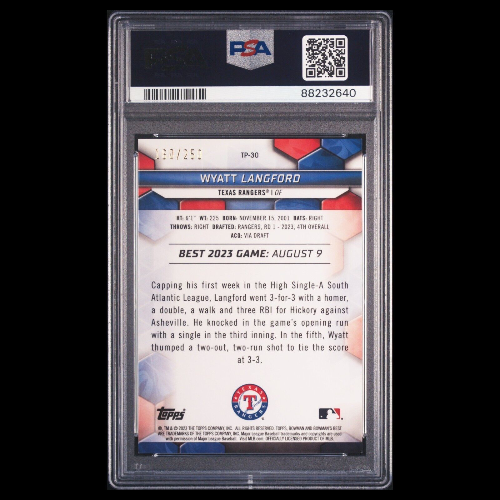 2023 Bowman's Best WYATT LANGFORD SP Purple Refractor Rookie RC /250 PSA 9 MINT