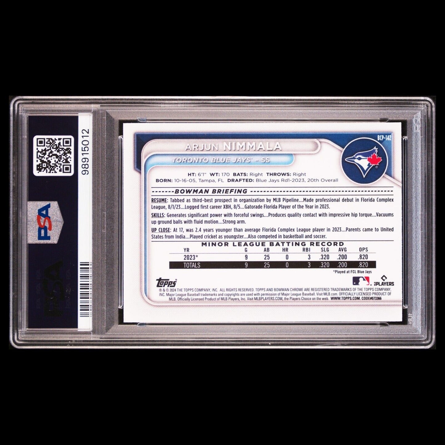 2024 Bowman Chrome ARJUN NIMMALA 1st True Bowman Mojo Refractor Rookie RC PSA 10
