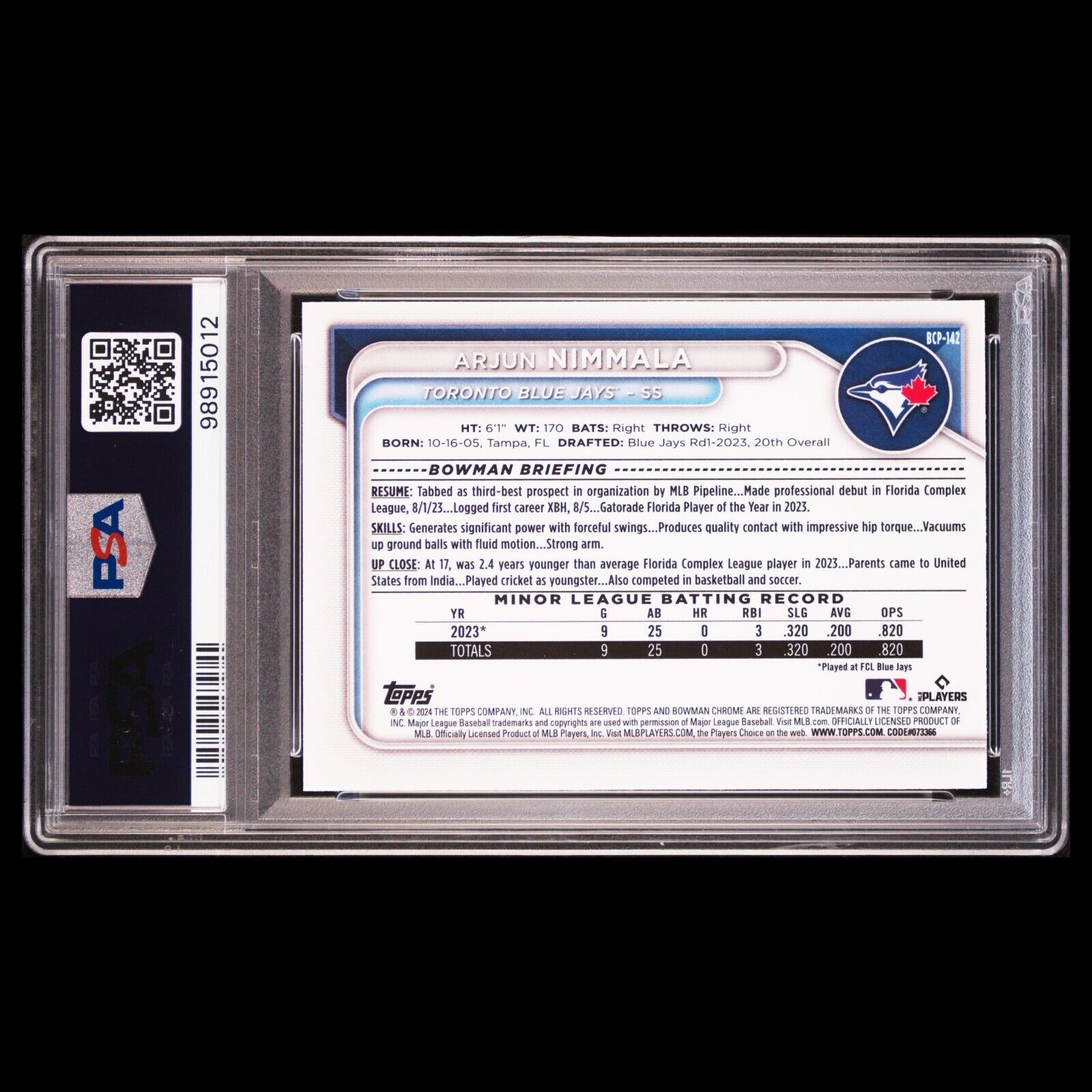 2024 Bowman Chrome ARJUN NIMMALA 1st True Bowman Mojo Refractor Rookie RC PSA 10