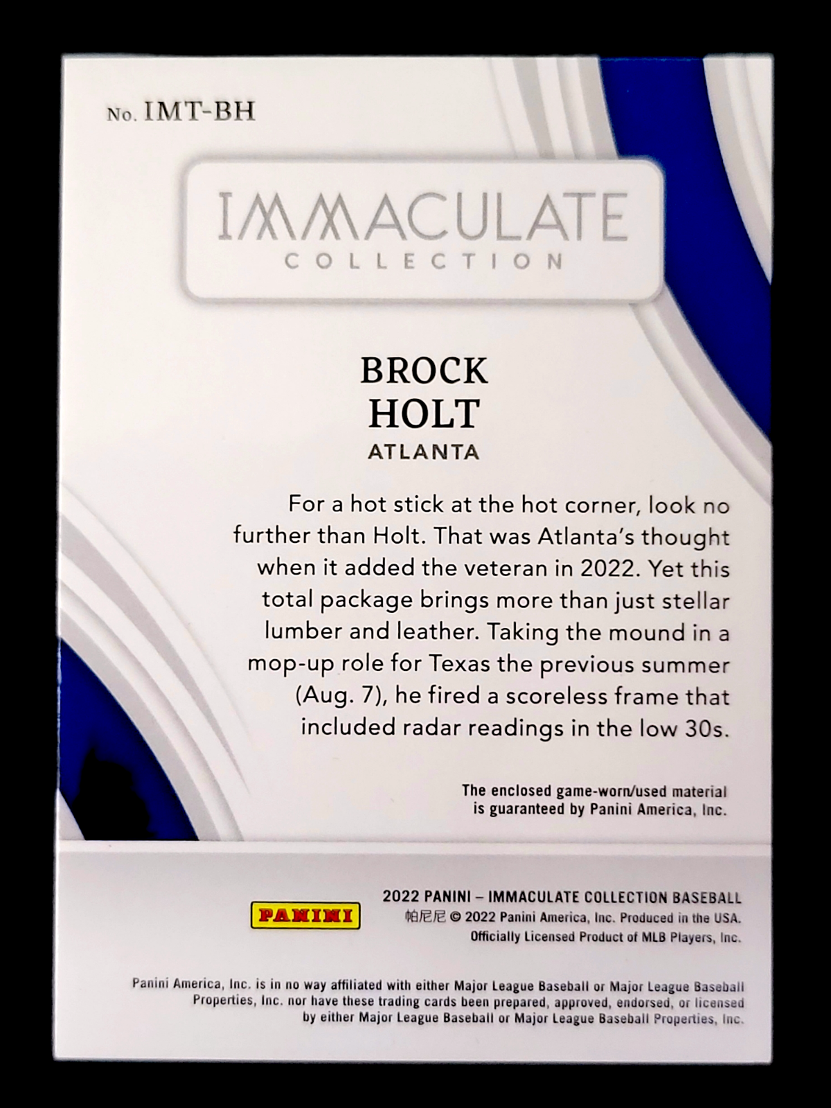 2022 Immaculate BROCK HOLT MLB Braves Jock Triple Patch Relic Card /99 IMT-BH