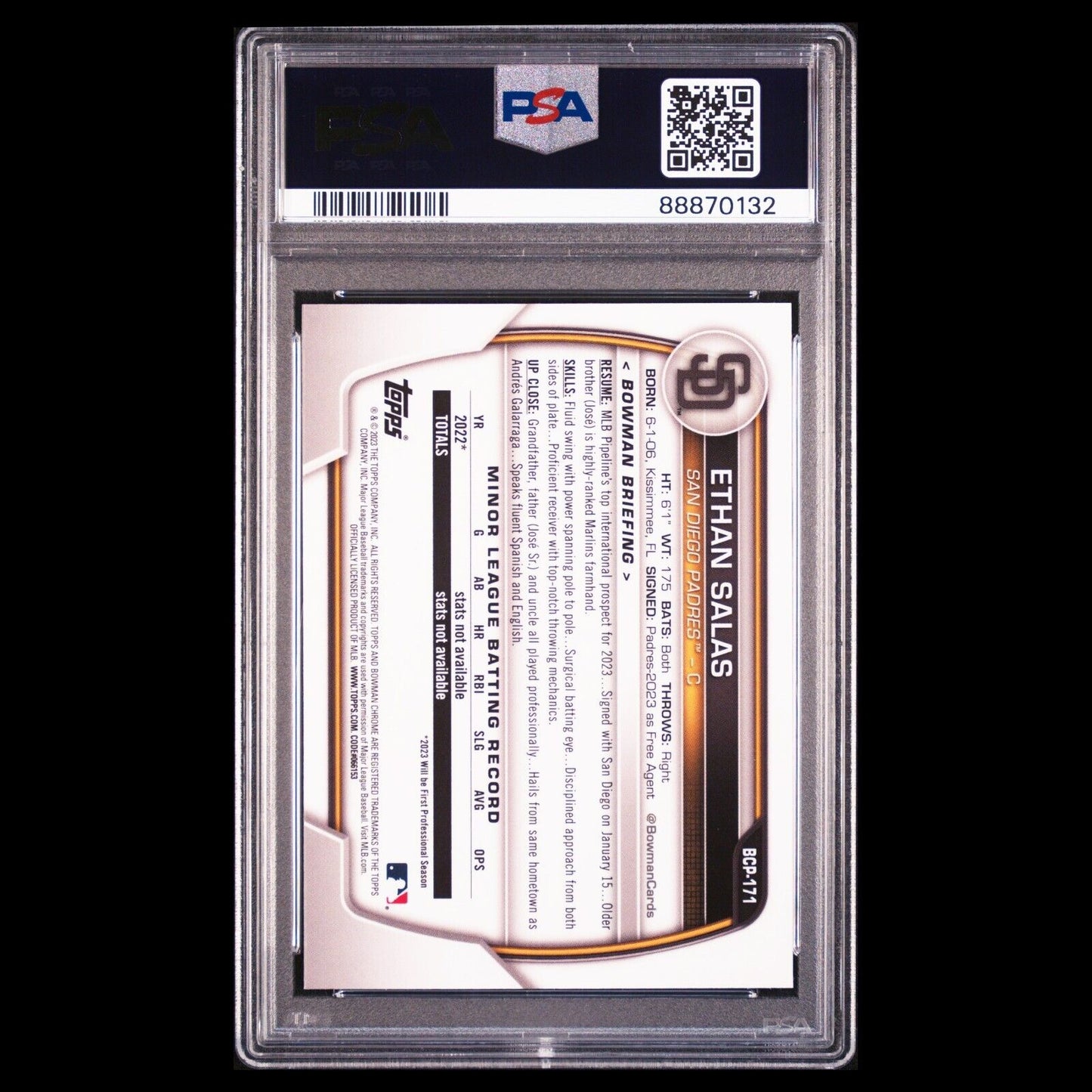 2023 Bowman Chrome Sapphire ETHAN SALAS Blue Refractor Rookie Card RC PSA 9