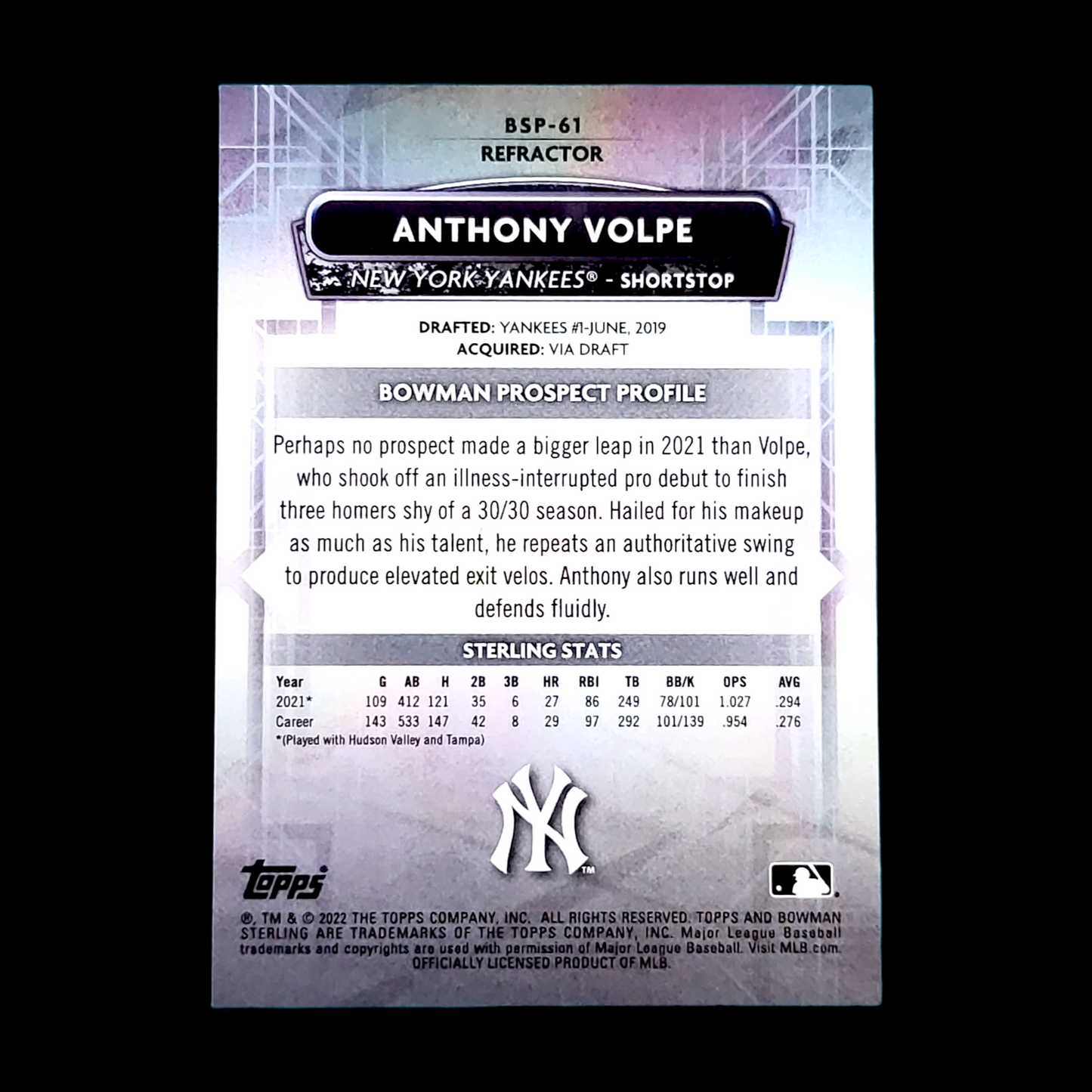 2022 Bowman Sterling ANTHONY VOLPE Yankees Silver Refractor SP Rookie RC /199
