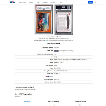 2022 Topps Chrome Logofractor JOEY VOTTO SSP Orange On Card Auto /25 PSA 10 POP1
