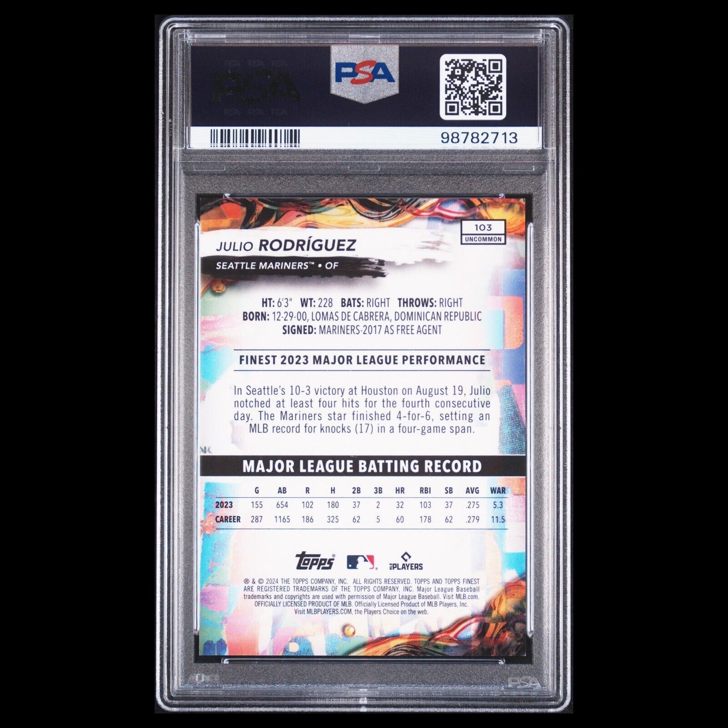 2024 Topps Finest JULIO RODRIGUEZ Uncommon Sky Blue Refractor SP Card /250 PSA 9
