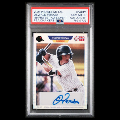 2021 Leaf Pro Set Metal OSWALD PERAZA 89 Retro SSP Silver Rookie Auto /8 PSA 10