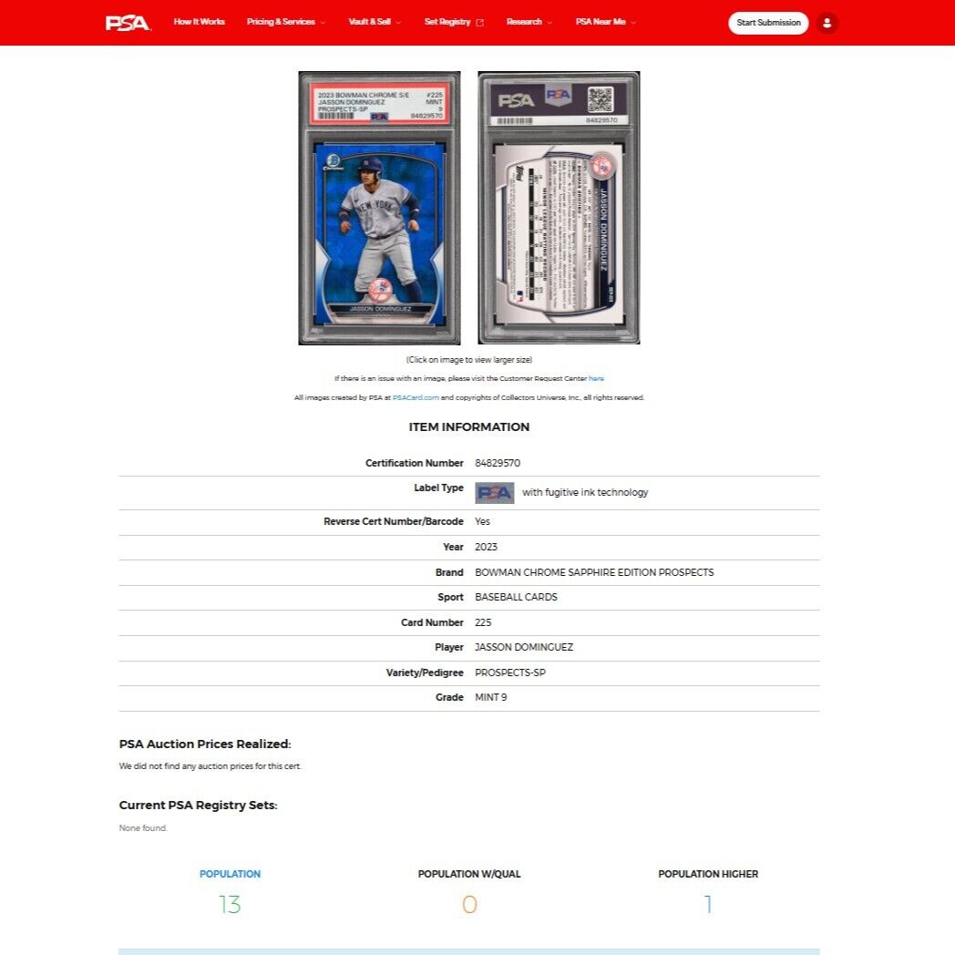2023 Bowman Chrome Sapphire JASSON DOMINGUEZ SP Image Variation RC PSA 9 MINT
