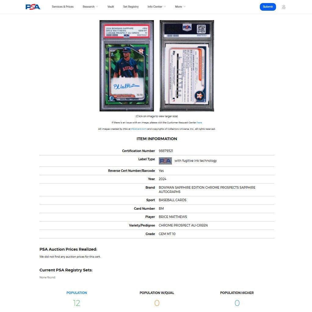 2024 Bowman Chrome Sapphire BRICE MATTHEWS 1st Green Refractor Auto /99 PSA 10
