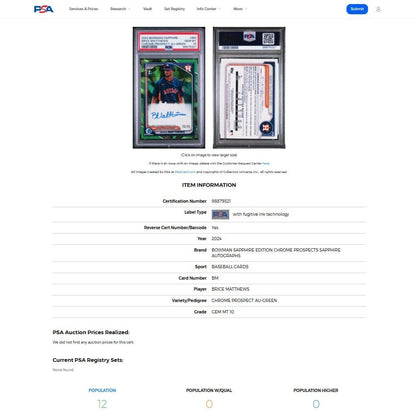 2024 Bowman Chrome Sapphire BRICE MATTHEWS 1st Green Refractor Auto /99 PSA 10