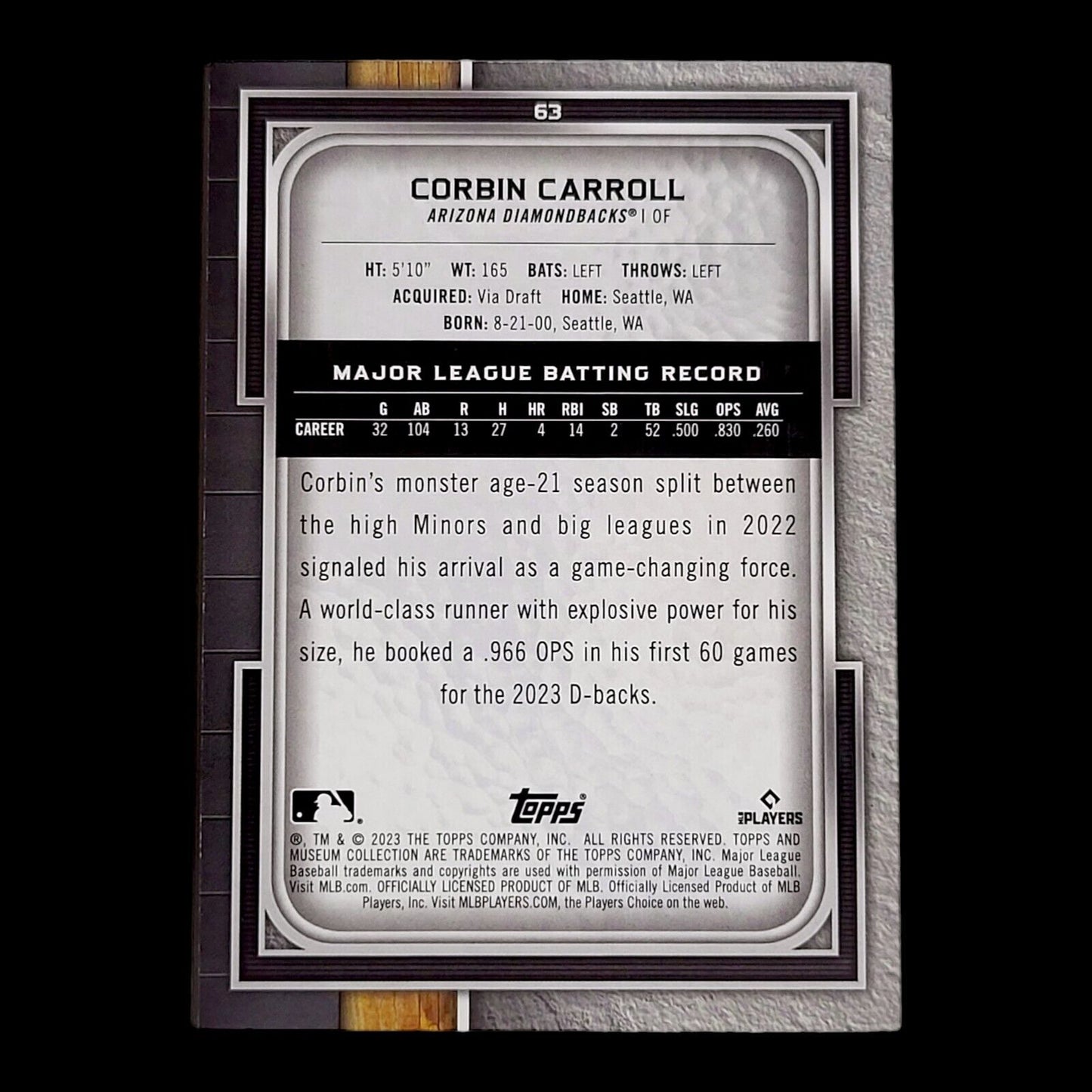 2023 Topps Museum Collection CORBIN CARROLL Diamondbacks Rookie Card RC #63