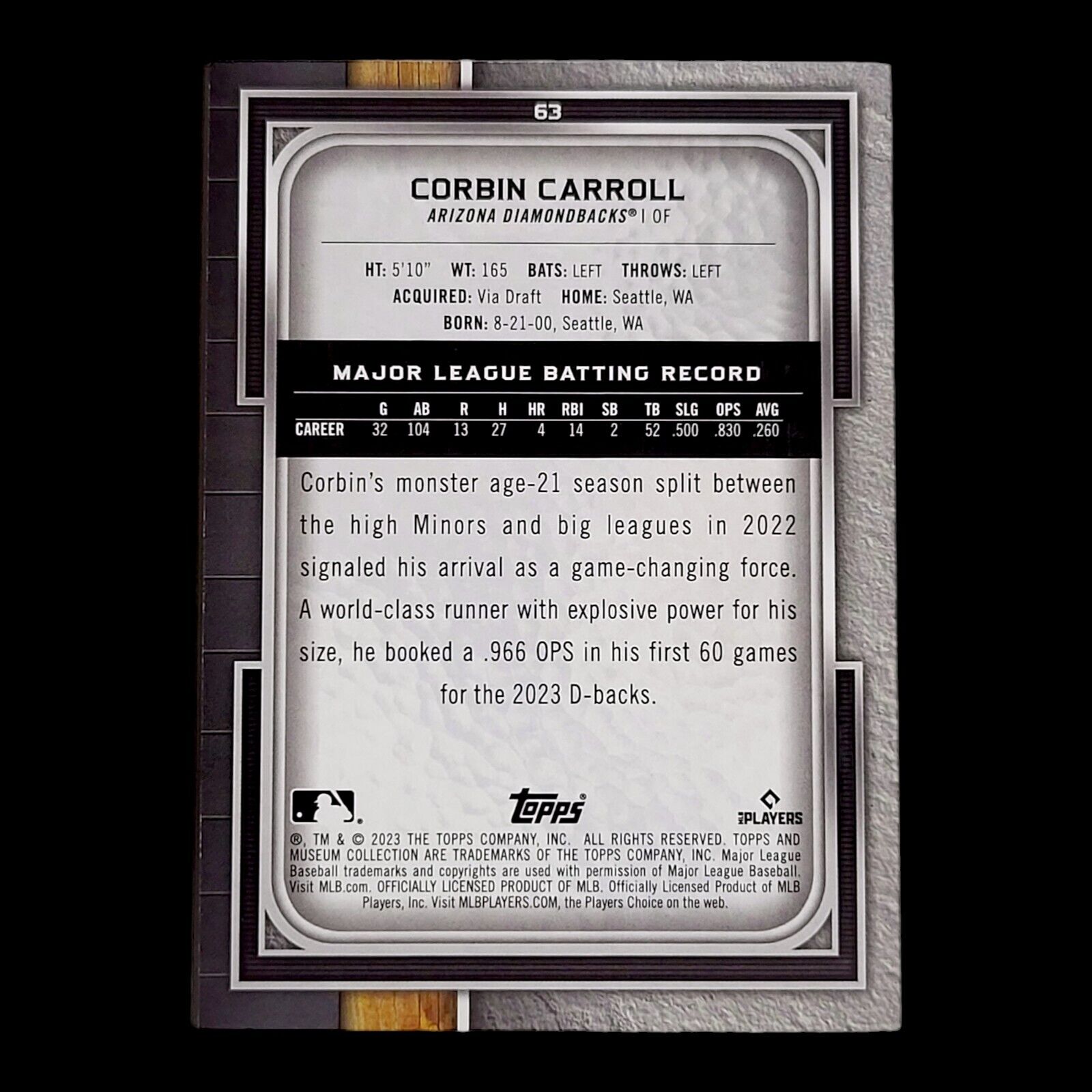 2023 Topps Museum Collection CORBIN CARROLL Diamondbacks Rookie Card RC #63