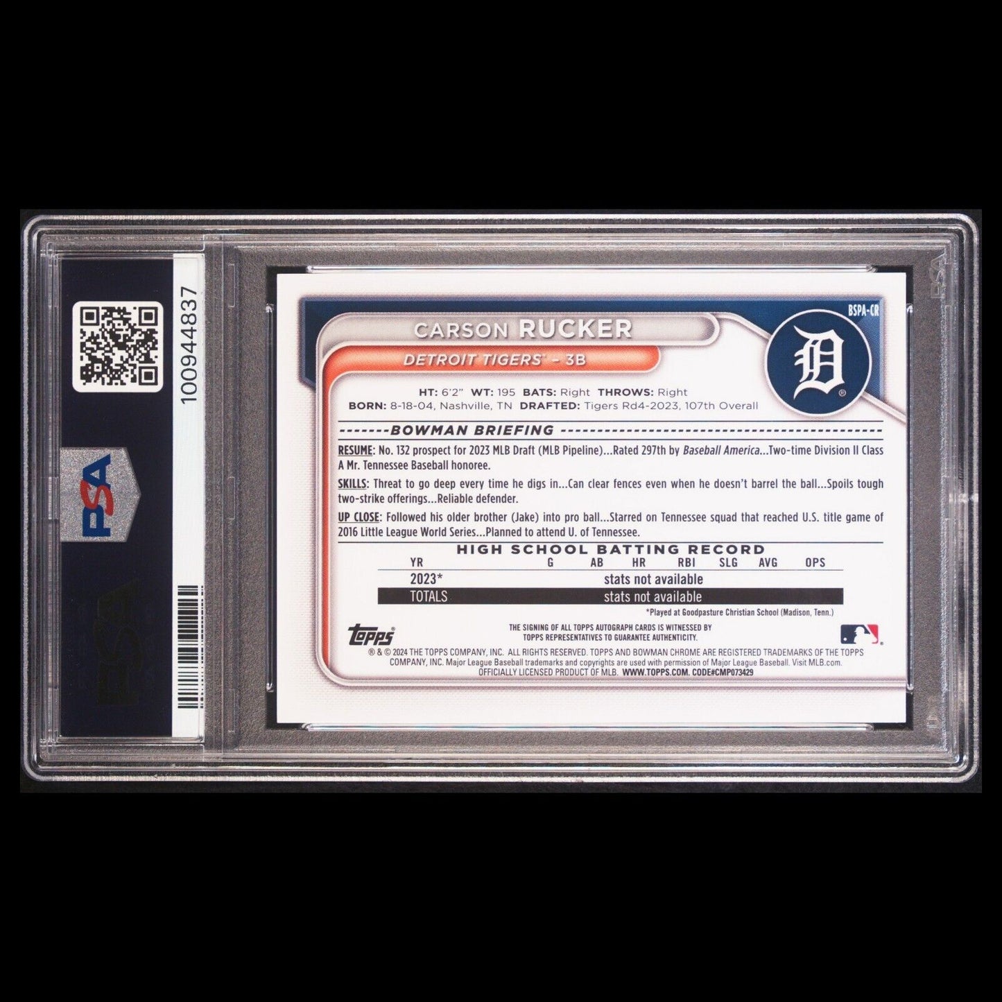2024 Bowman Chrome Sapphire CARSON RUCKER 1st SSP Red Refractor Auto 5/5 PSA 10