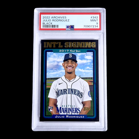 2022 Topps Archives JULIO RODRIGUEZ Intl Signing Rare Black Border /99 RC PSA 9