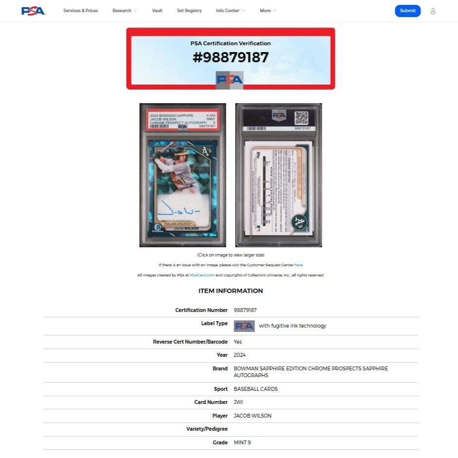 2024 Bowman Chrome Sapphire JACOB WILSON Blue Sapphire Refractor Auto RC PSA 9