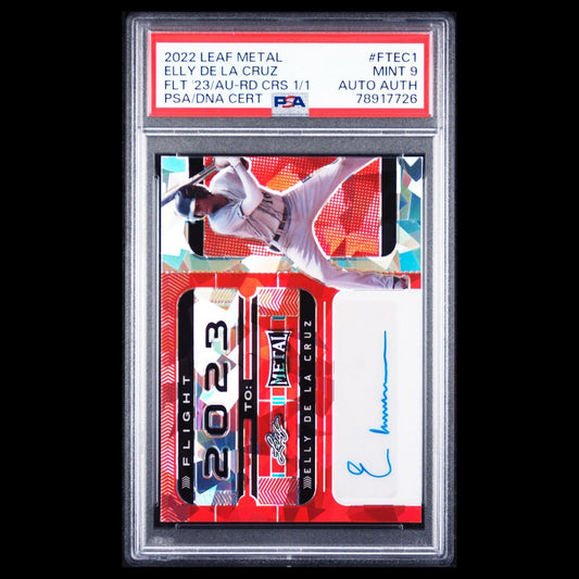 2022 Leaf Metal Flight to 2023 ELLY DE LA CRUZ Red Crystals 1/1 Auto RC PSA 9