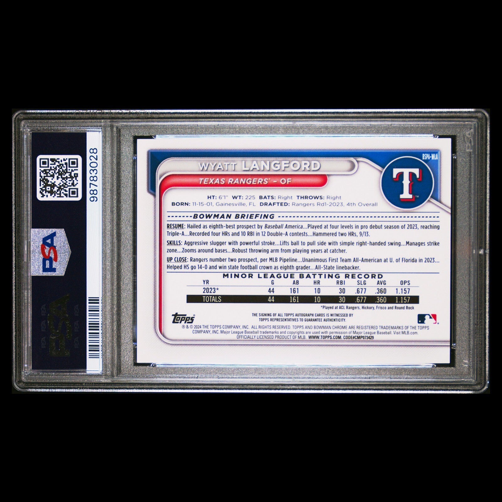 2024 Bowman Chrome Sapphire WYATT LANGFORD Blue Sapphire Refractor Auto RC PSA 9