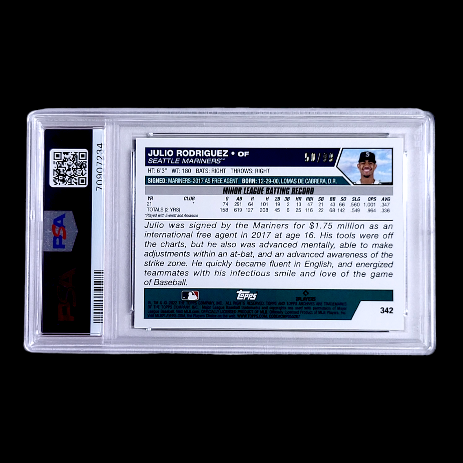 2022 Topps Archives JULIO RODRIGUEZ Intl Signing Rare Black Border /99 RC PSA 9