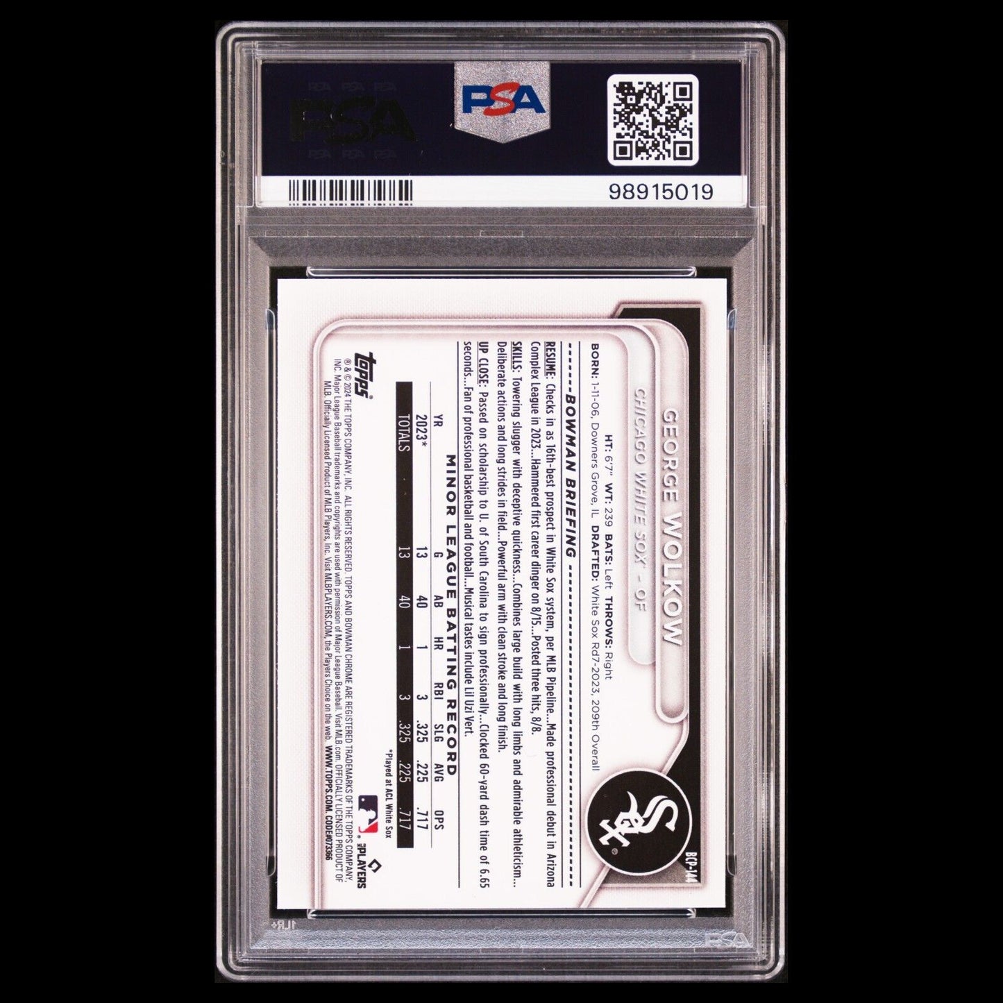 2024 Bowman Chrome GEORGE WOLKOW 1st Bowman Mojo Refractor RC PSA 10 GEM
