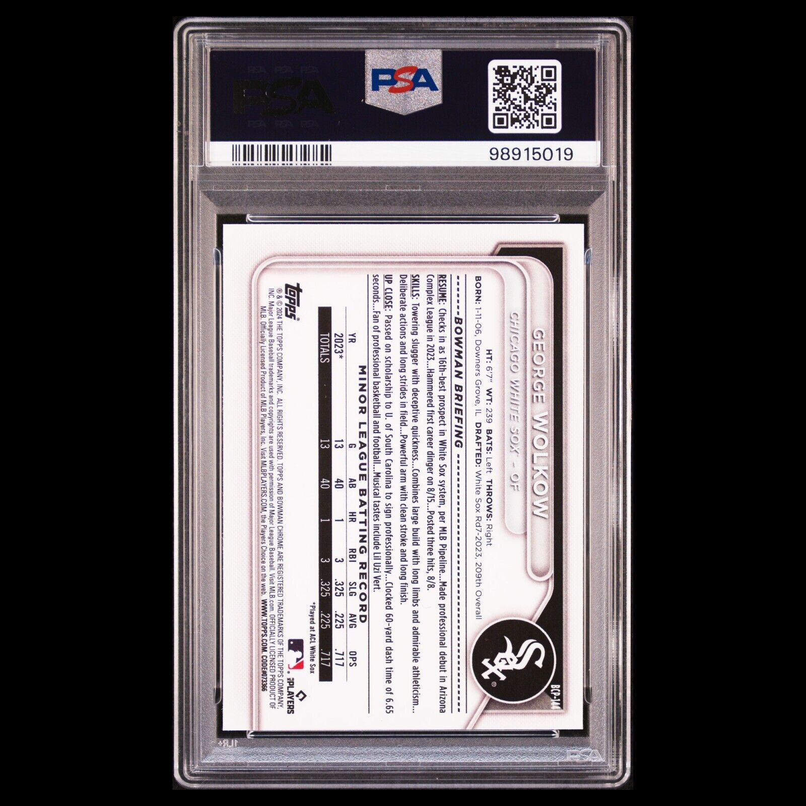 2024 Bowman Chrome GEORGE WOLKOW 1st Bowman Mojo Refractor RC PSA 10 GEM