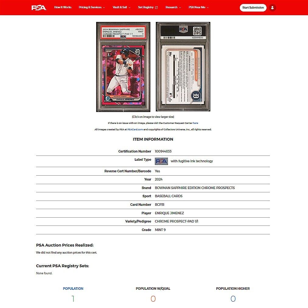 2024 Bowman Chrome Sapphire ENRIQUE JIMENEZ SSP Pink Padparadscha 1/1 1st PSA 9