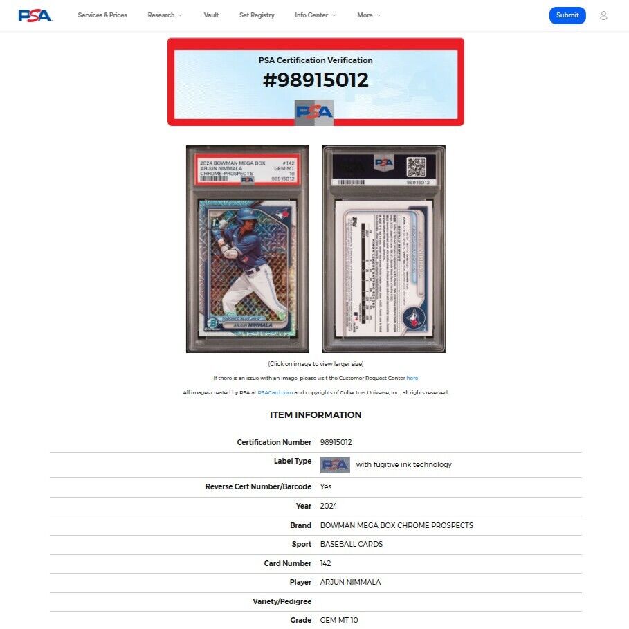2024 Bowman Chrome ARJUN NIMMALA 1st True Bowman Mojo Refractor Rookie RC PSA 10