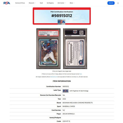 2024 Bowman Chrome ARJUN NIMMALA 1st True Bowman Mojo Refractor Rookie RC PSA 10