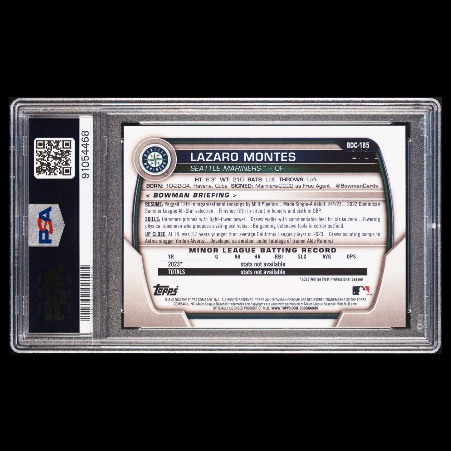 2023 Bowman Draft Sapphire LAZARO MONTES Pink Padparadscha 1/1 Rookie PSA 10 GEM