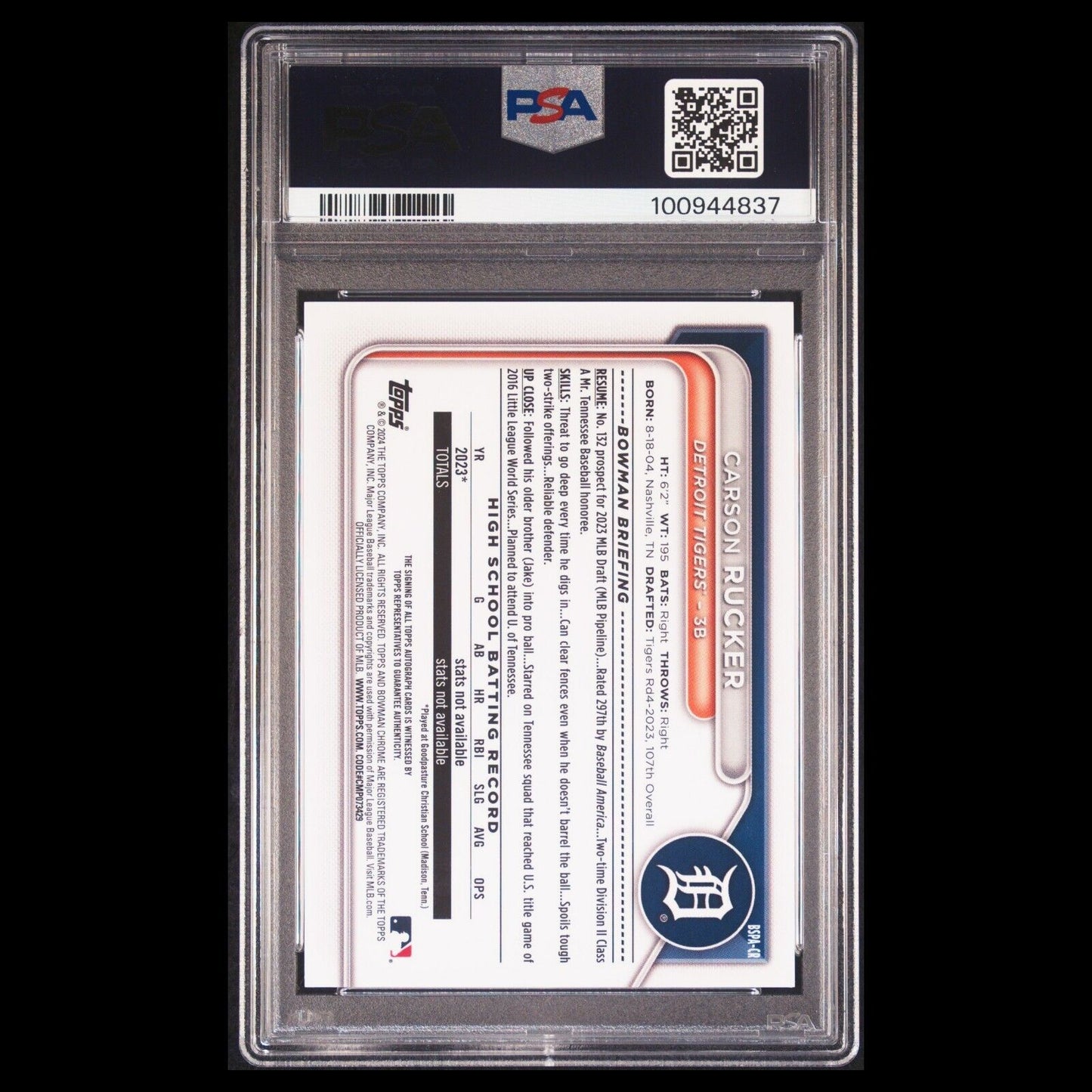 2024 Bowman Chrome Sapphire CARSON RUCKER 1st SSP Red Refractor Auto 5/5 PSA 10