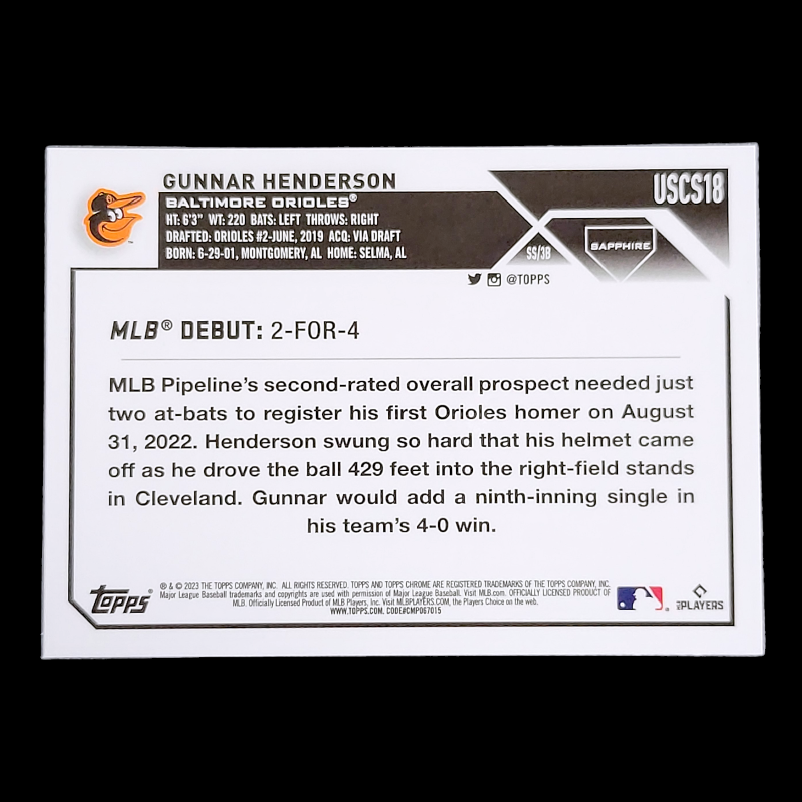 2023 Topps Chrome Update Sapphire GUNNAR HENDERSON Orioles Rookie Card RC USCS18