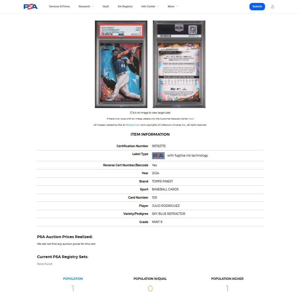 2024 Topps Finest JULIO RODRIGUEZ Uncommon Sky Blue Refractor SP Card /250 PSA 9
