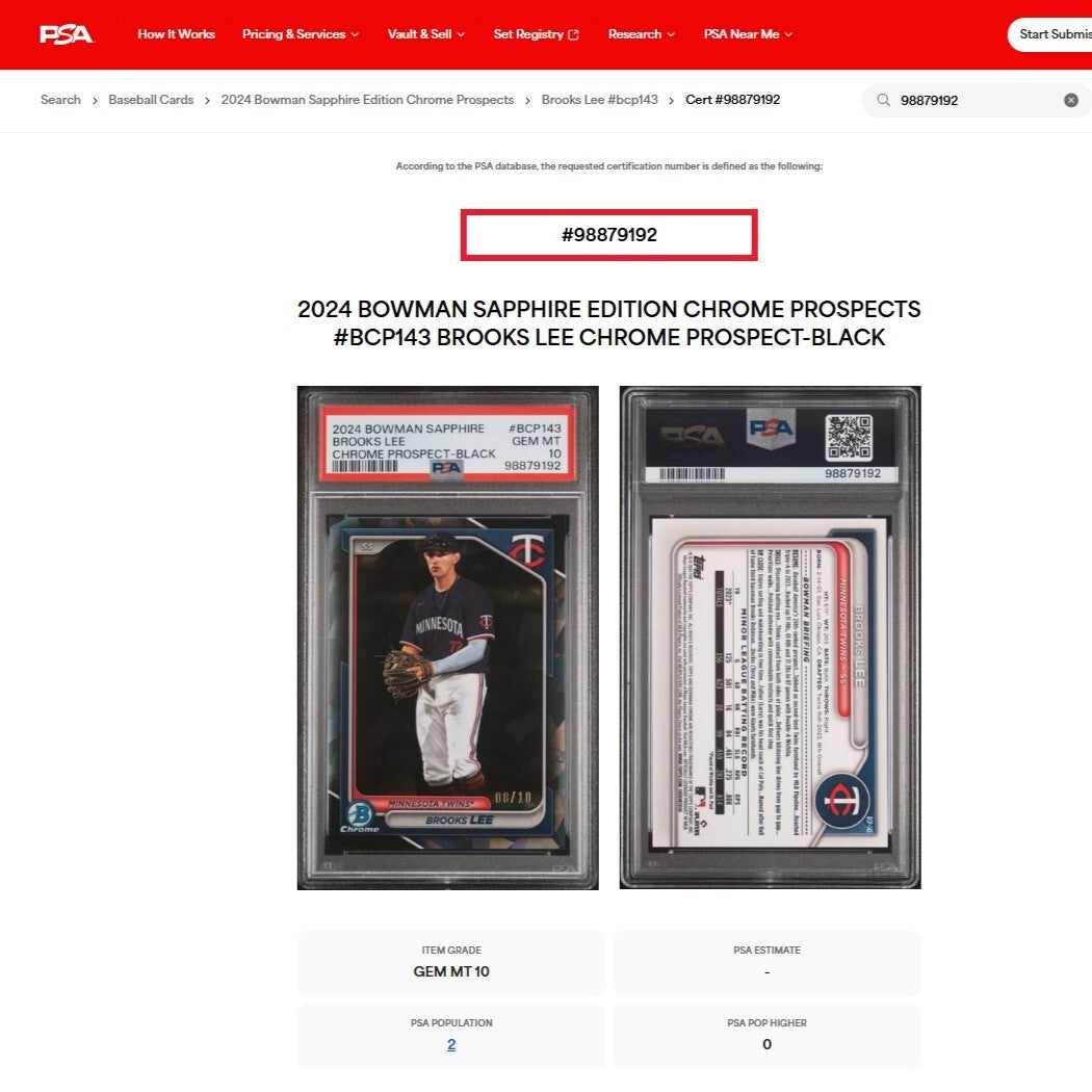 2024 Bowman Chrome Sapphire BROOKS LEE SSP Black Refractor Rookie /10 PSA 10 GEM