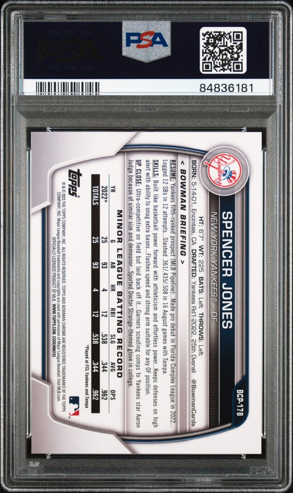 2023 Bowman Chrome Sapphire SPENCER JONES Yankees Red SSP RC 1/5 PSA 10 POP 1