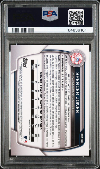 2023 Bowman Chrome Sapphire SPENCER JONES Yankees Red SSP RC 1/5 PSA 10 POP 1