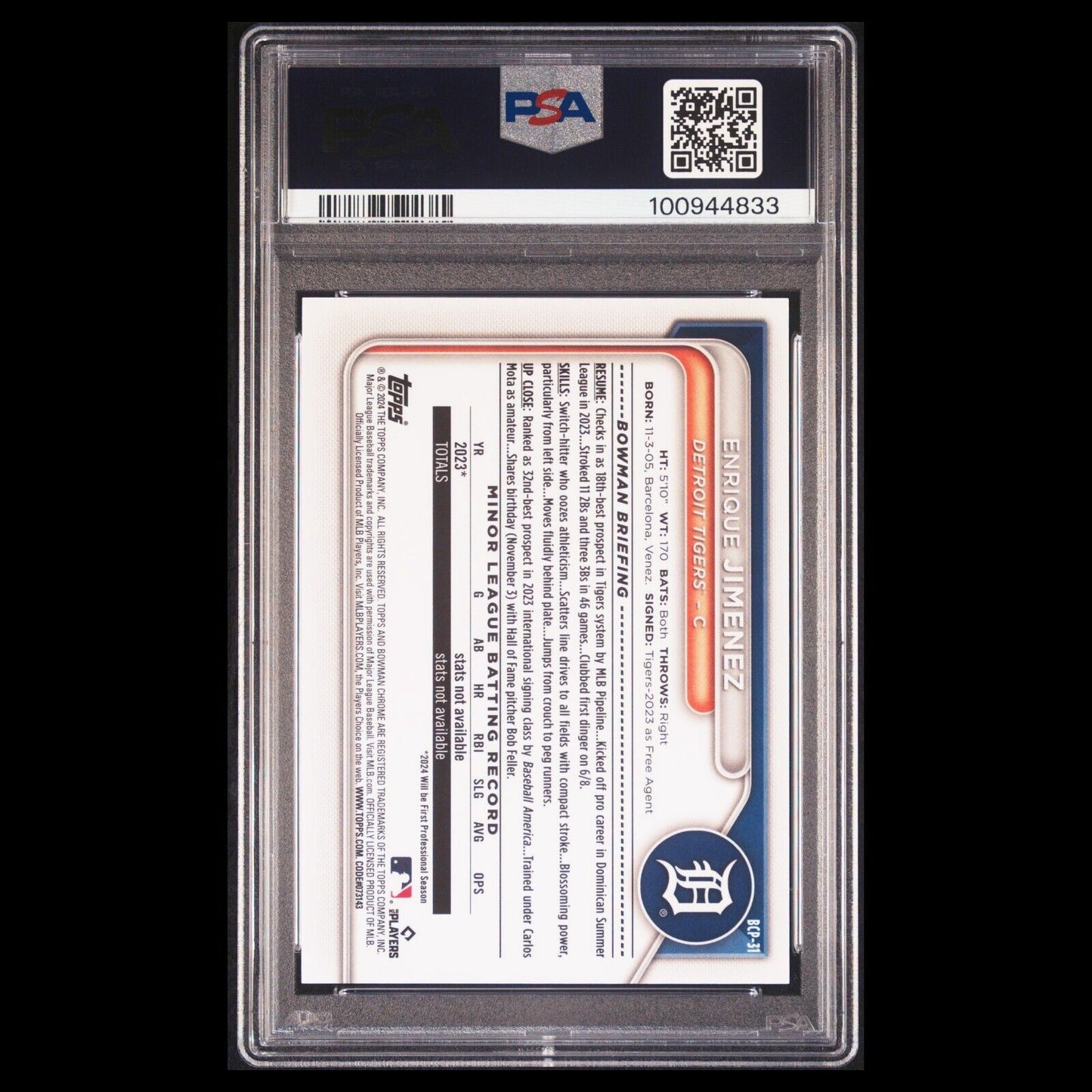 2024 Bowman Chrome Sapphire ENRIQUE JIMENEZ SSP Pink Padparadscha 1/1 1st PSA 9