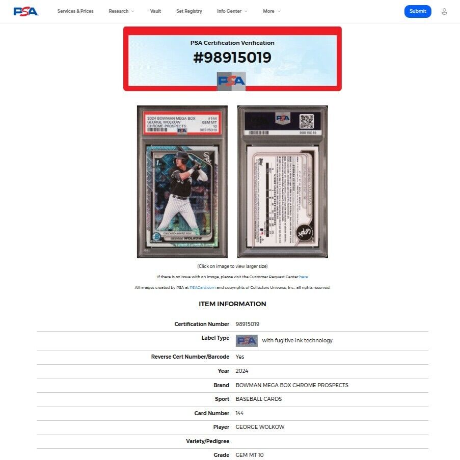 2024 Bowman Chrome GEORGE WOLKOW 1st Bowman Mojo Refractor RC PSA 10 GEM