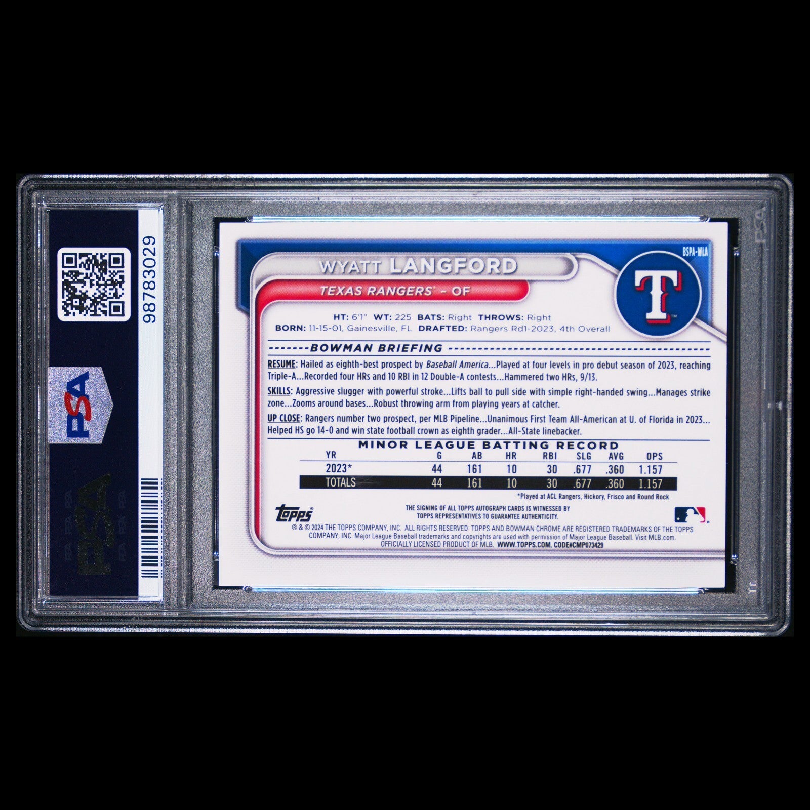 2024 Bowman Chrome Sapphire WYATT LANGFORD Blue Refractor On Card Auto RC PSA 10