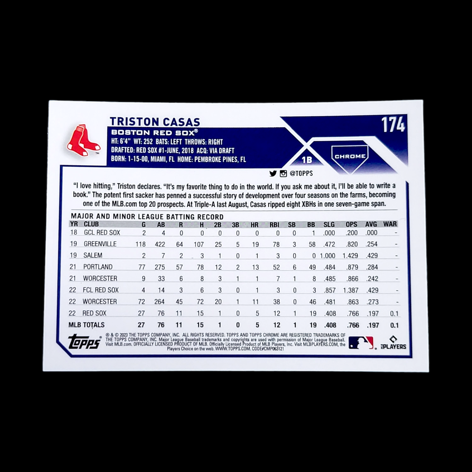 2023 Topps Chrome TRISTON CASAS Boston Red Sox Flagship Rookie RC #174