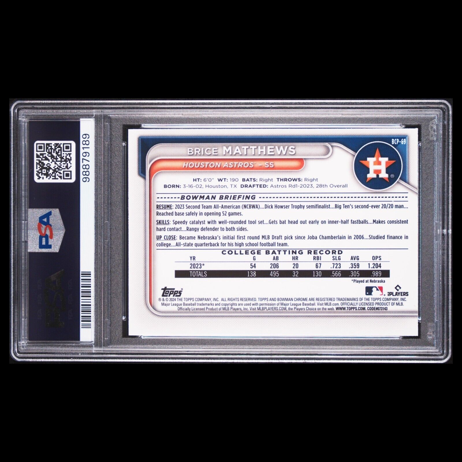 2024 Bowman Chrome Sapphire BRICE MATTHEWS SP Green Refractor RC /99 PSA 9 MINT