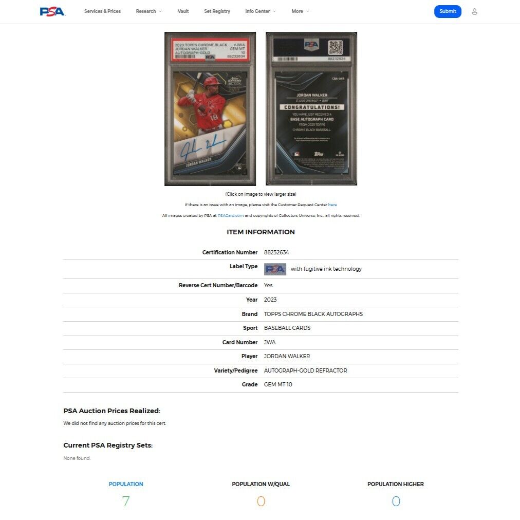 2023 Topps Chrome Black JORDAN WALKER Gold On-Card Rookie Auto RC /50 PSA 10 GEM