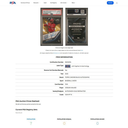 2023 Topps Chrome Black JORDAN WALKER Gold On-Card Rookie Auto RC /50 PSA 10 GEM