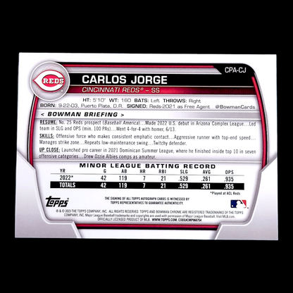 2023 Bowman Chrome CARLOS JORGE Reds 1st Gold Shimmer On-Card Rookie Auto /5O