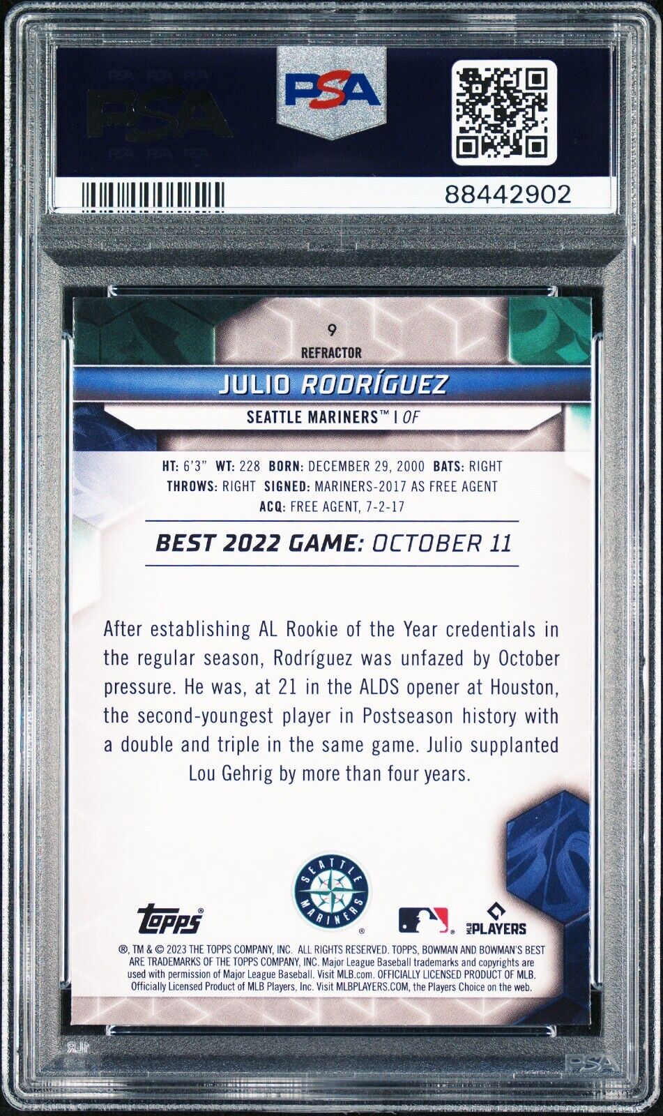 2023 Bowman's Best JULIO RODRIGUEZ Mariners Silver Refractor PSA 10 GEM MINT