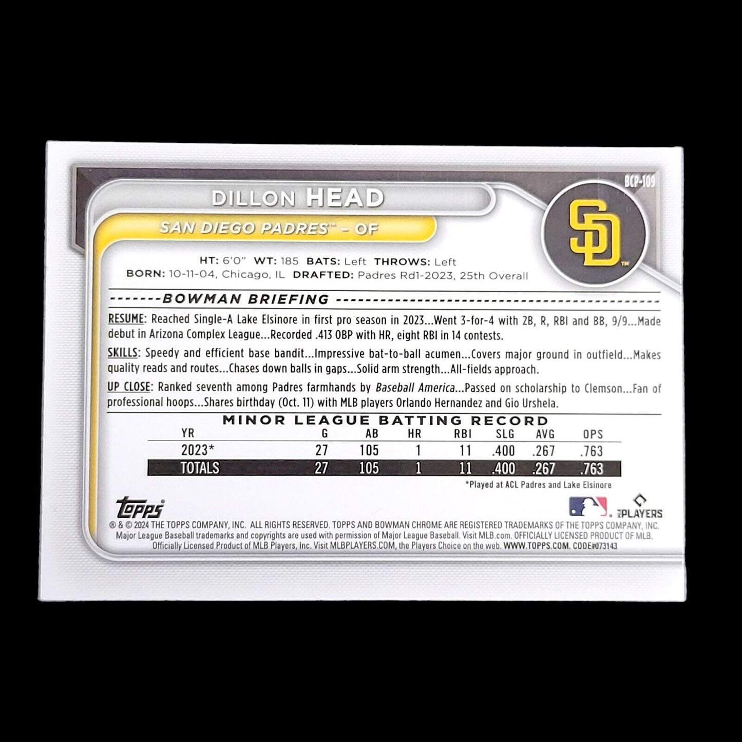 2024 Bowman Sapphire DILLON HEAD Padres SP Gold Refractor Color Match RC /50