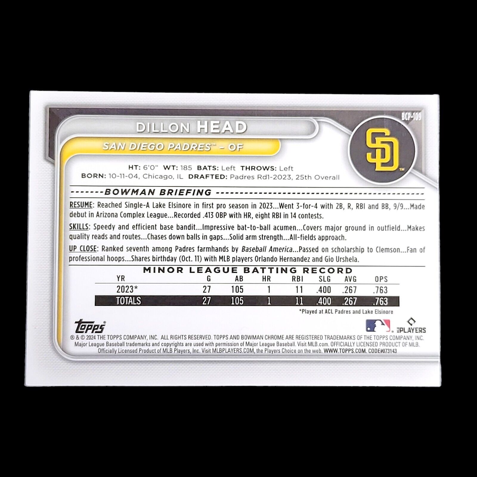2024 Bowman Sapphire DILLON HEAD Padres SP Gold Refractor Color Match RC /50