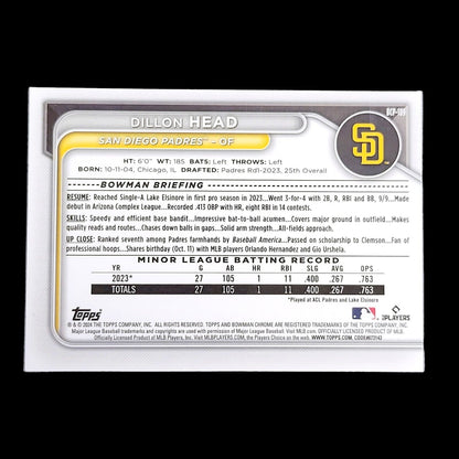 2024 Bowman Sapphire DILLON HEAD Padres SP Gold Refractor Color Match RC /50
