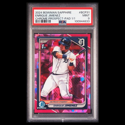 2024 Bowman Chrome Sapphire ENRIQUE JIMENEZ SSP Pink Padparadscha 1/1 1st PSA 9