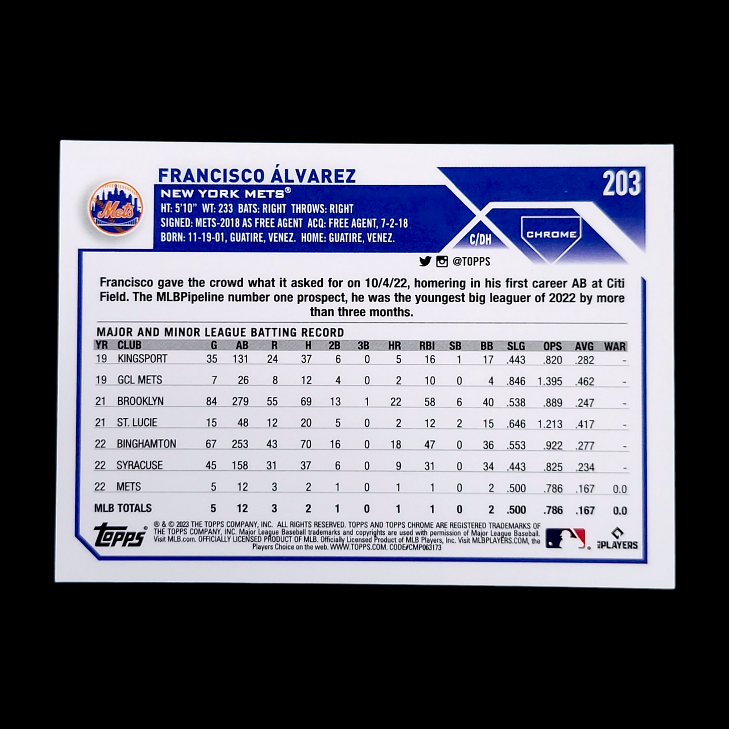 💥 2023 Topps Chrome FRANCISCO ALVAREZ Refractor Photo Image Variation Rookie RC