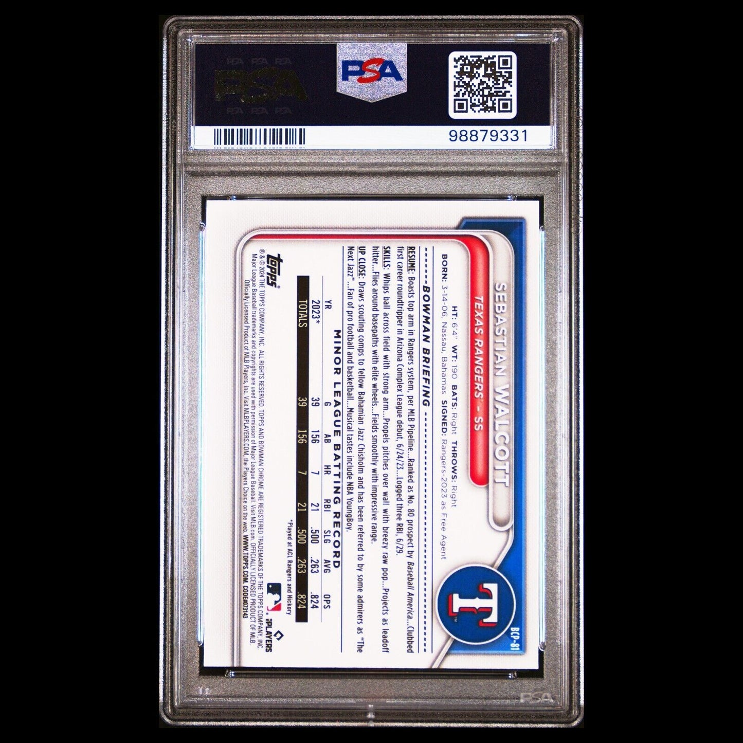 2024 Bowman Chrome Sapphire SEBASTIAN WALCOTT Yellow Refractor SP RC /75 PSA 10