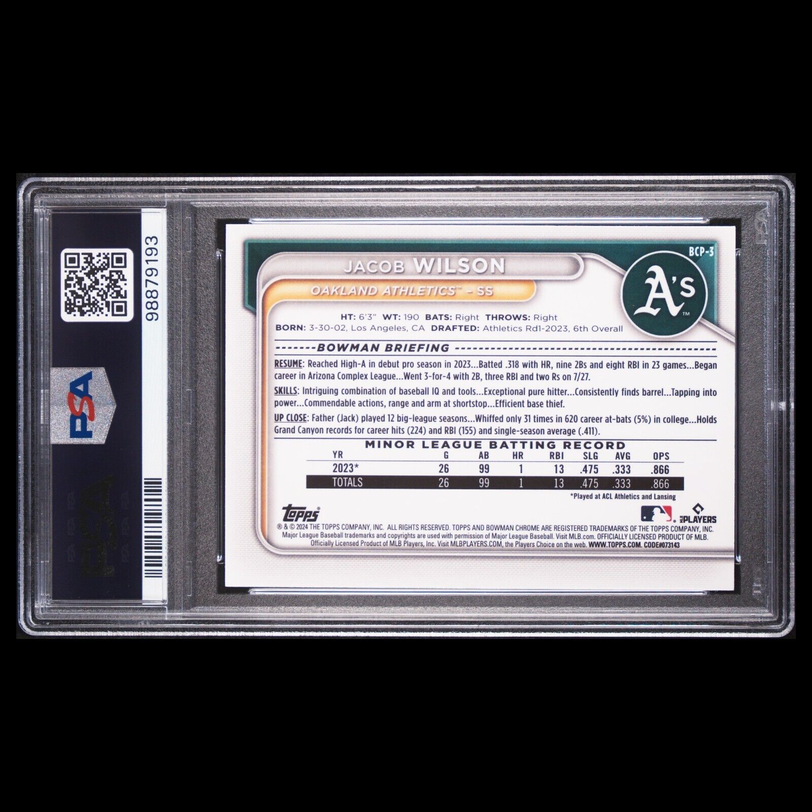 2024 Bowman Chrome Sapphire JACOB WILSON SP Yellow Sapphire Refractor RC PSA 9