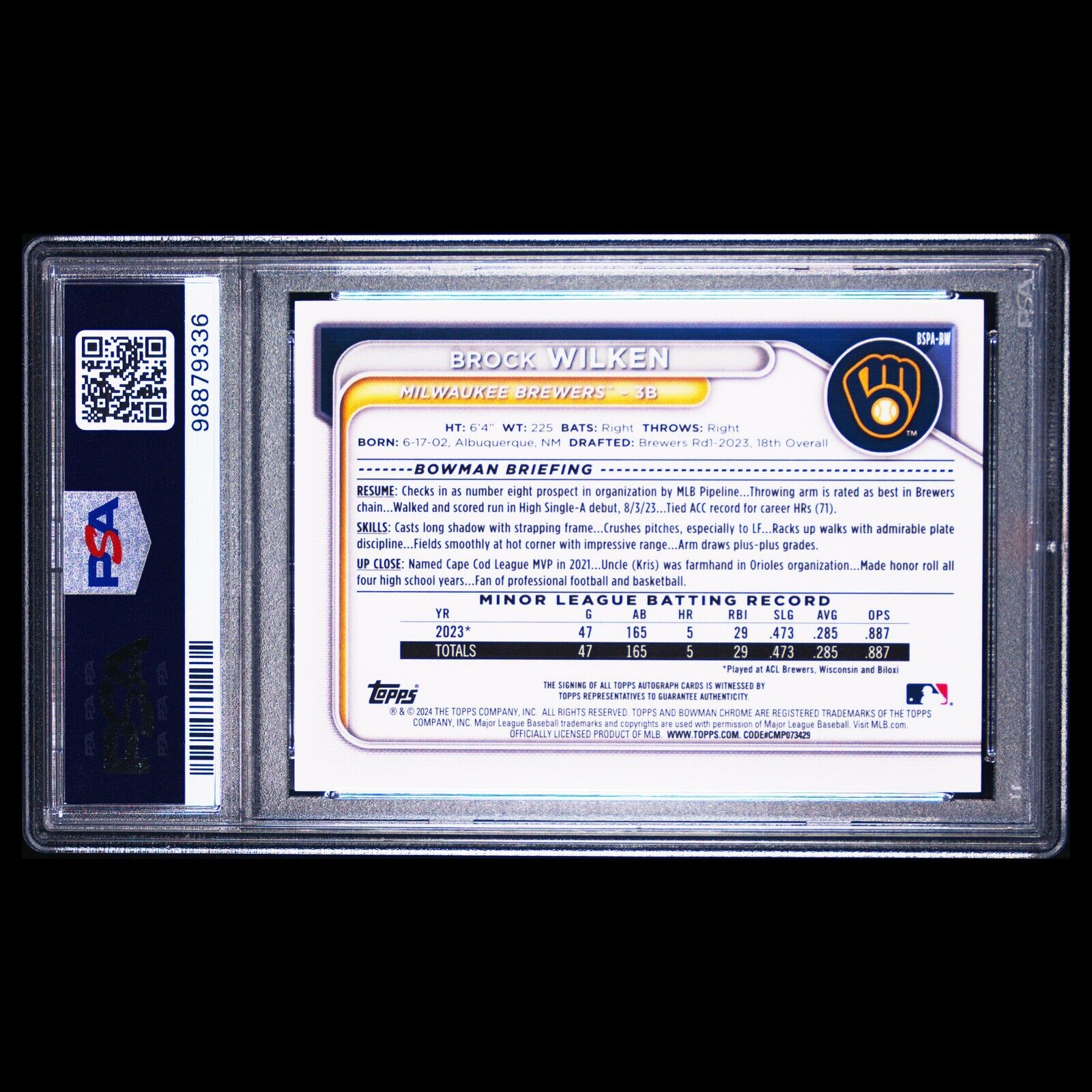2024 Bowman Chrome Sapphire BROCK WILKEN SP 1st Gold Refractor Auto /50 PSA 10