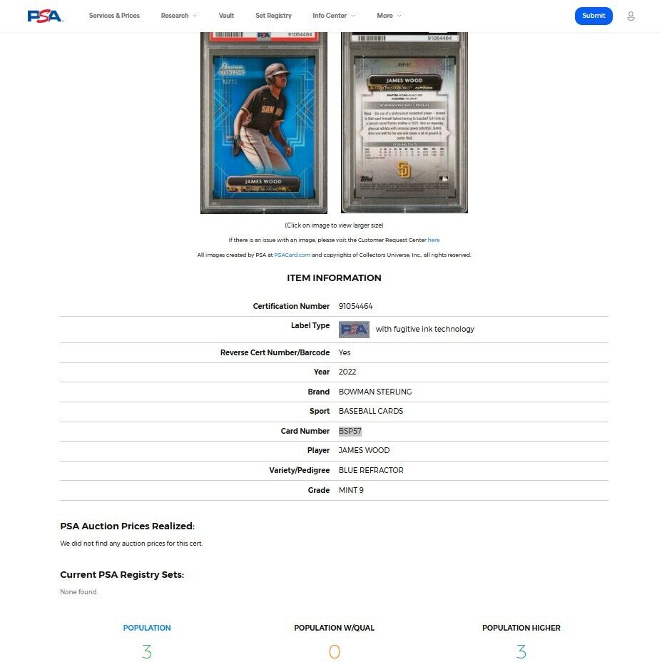 2022 Bowman Sterling JAMES WOOD Padres SSP Blue Refractor Rookie RC /25 PSA 9
